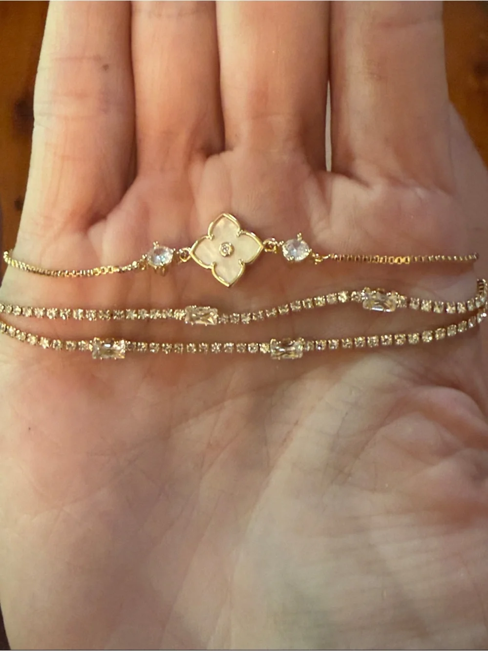 NWOT Gold w Floral cream colored enamel Clover and Gems Layered Bracelets 2 pc